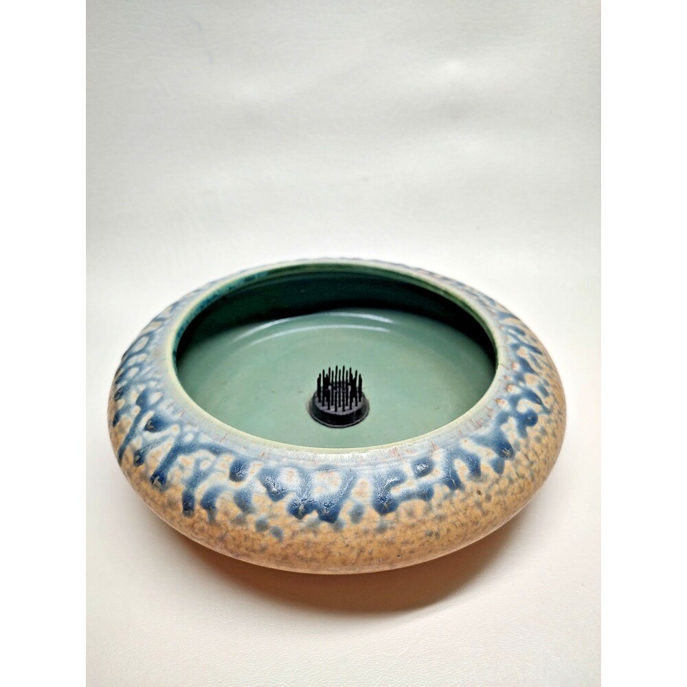 Vintage Francine Zajak Art Pottery Bowl Flower Frog Ikebana Drip Glaze 8-1/2"